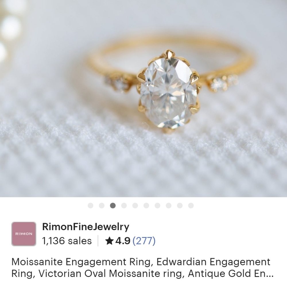 Moissanite 18k Gold Engagement Ring with Genuine Diamond Sidestones-Size 6.75